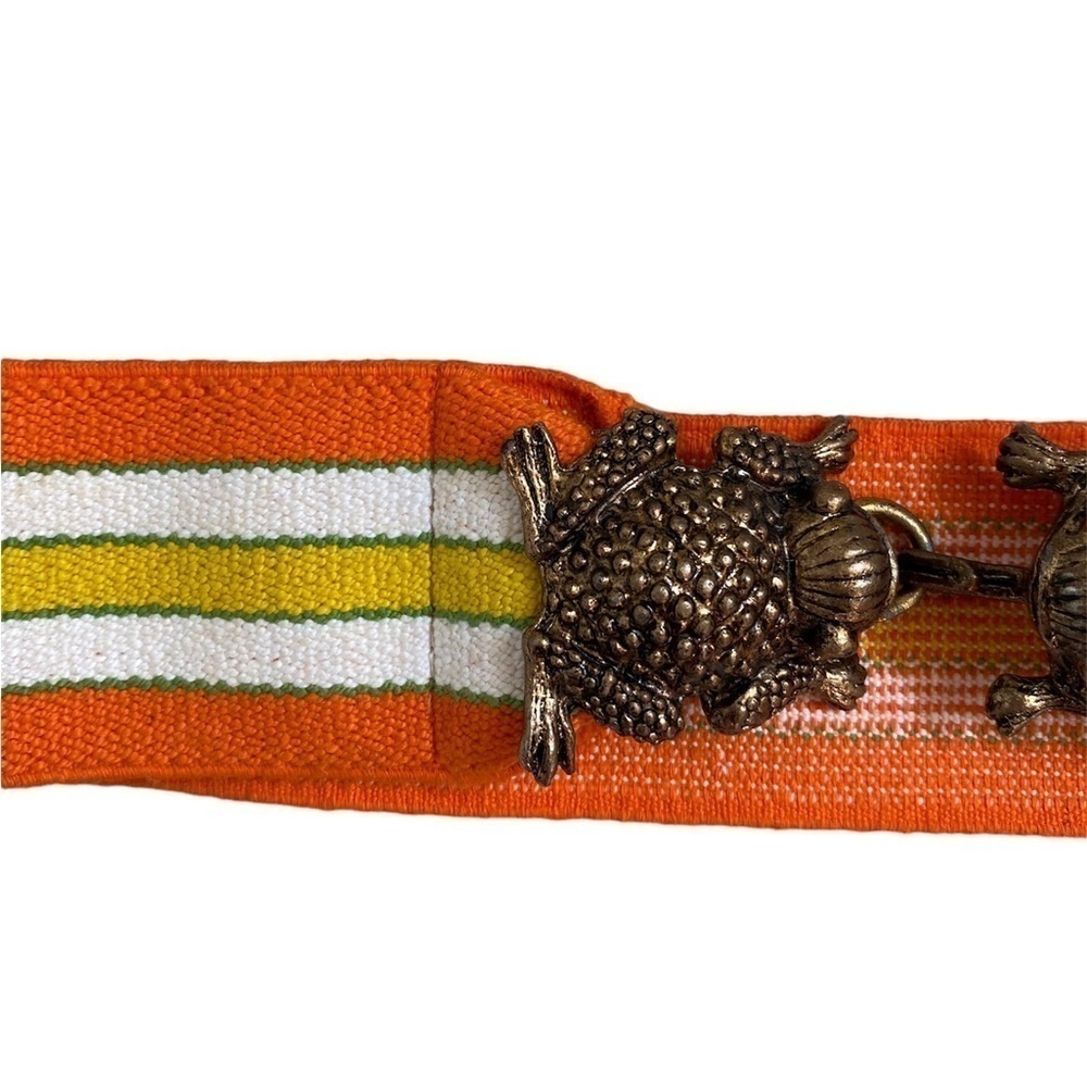 Vintage Statement Brass-tone Double Frog Hook Closure Stretch Waist Belt Small - Picture 2 of 10